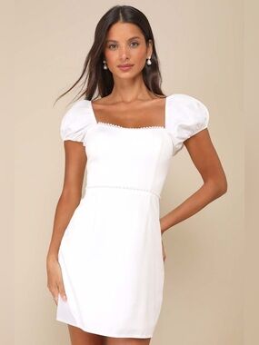 Lulu's White Poise White Pearl Puff Sleeve Mini Dress